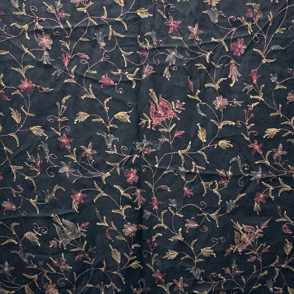 Black Floral Embroidered Scarf Shawl Decor Tapestry with Fringe & Lace Detailing - Picture 5 of 5